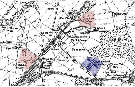 Figure 1: ‘Industrial Settlement’ at Silkstone Common. Area of planned housing built by the South Yorkshire Coal and Iron Company in 1877 (Bayliss 1995, 14) shown in blue with small collieries marked in red.