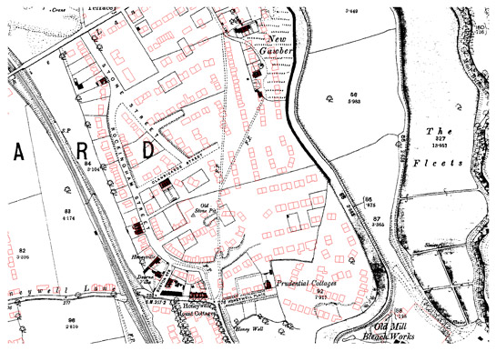 Figure 2: Honeywell estate in Barnsley. The streets associated with the Honeywell Mount Freehold Land Society are shown under development but few houses have been built within the plots. The red outlines show the eventual modern development of a council estate on the site in the mid 20th century