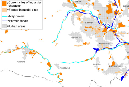 Figure 3: Water powered industries followed the course of Barnsley’s rivers; other 18th and 19th century industrial sites clustered along the Dearne & Dove Canal and the Barnsley Canal. Later industries often developed along the dense network of railway lines that ran across Barnsley from the 19th century