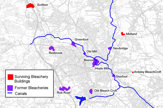 Figure 4: Location of the known bleacheries around Barnsley
