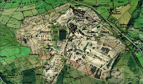 Aerial photograph of Hazelhead clay pits overlain     by 1948 OS map which shows Hazelhead and Sledbrook collieries and the Hepworth     Iron Works