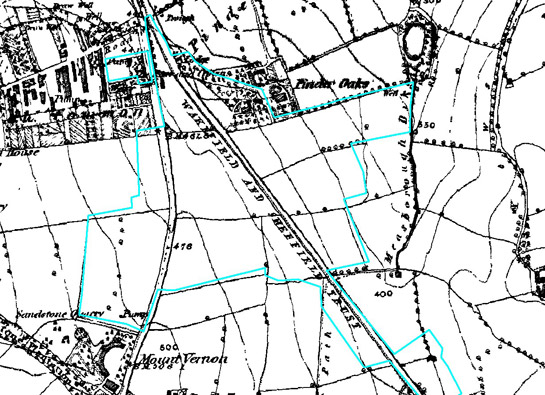 Figure 2: The Wakefield and Sheffield Trust turnpiked road cutting through the earlier field pattern. Part of the ‘Early 20th Century Private Suburbs’ zone is outlined in blue
