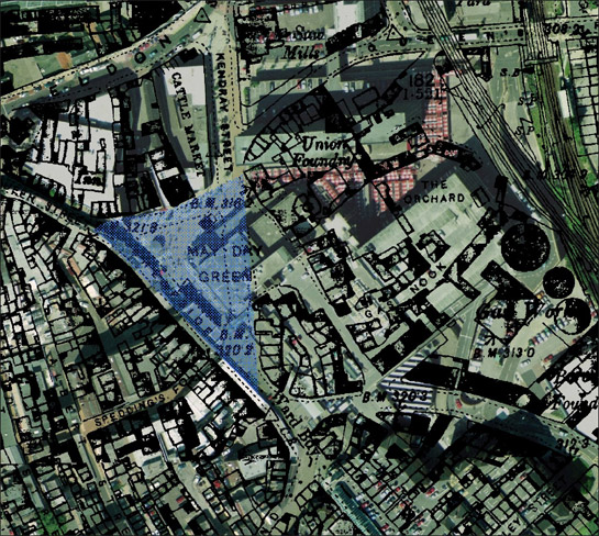 Figure 3: Former May Day Green highlighted in blue.