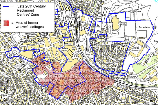 Figure 4: Area south of Barnsley's commercial centre dominated by weavers' cottages in the 19th century (in red), in relation to the 'Replanned Centres' zone