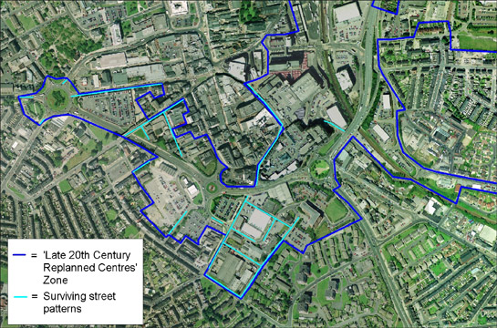 Figure 5: Street patterns associated with earlier terraced housing and weavers' cottages surviving within the ‘Late 20th Century Replanned Centres’ Zone.  