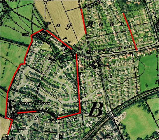 Figure 2: ‘Barnsley Western Suburbs’ showing fossilised field patterns (red lines).