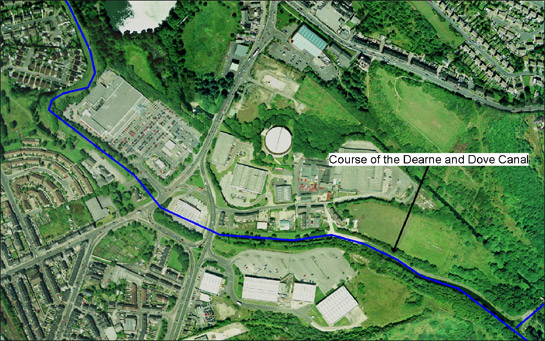 Figure 2: Former course of the Dearne and Dove Canal (in blue) as it runs through Old Mill in Barnsley, where former industrial sites have been replaced with modern retail developments