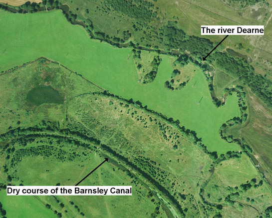 Aerial photograph showing the course of the Barnsley Canal as it runs through the Dearne Valley south of Staincross