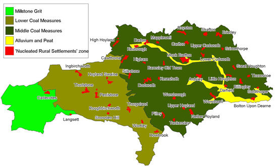 Figure 1: Distribution of the ‘Nucleated Rural Settlements’ zone against the geology of Barnsley.