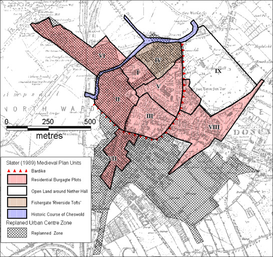 Figure 1: Showing the extent to which the ‘Replanned Centre Zone’ overlaps with the medieval core of the town. 