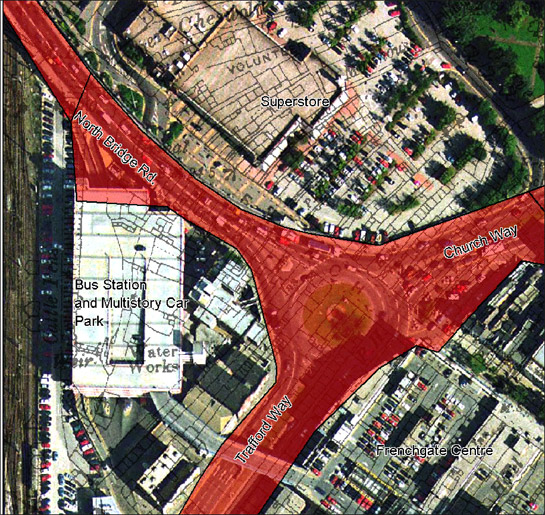 Figure 3: The current plot boundaries around Frenchgate Junction are defined primarily by the 20th century roads that meet here.
