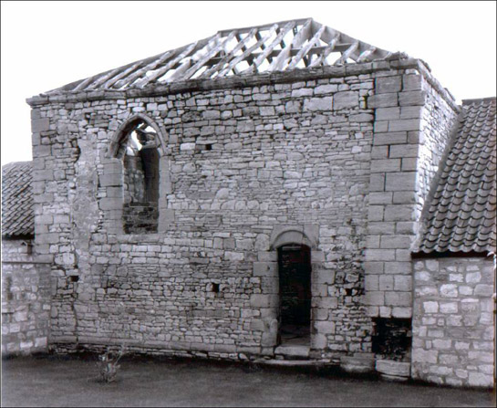 Fragment of chapel wall retained in later barns at the site of Thorpe in Balne Manor House, photographed in June 1981