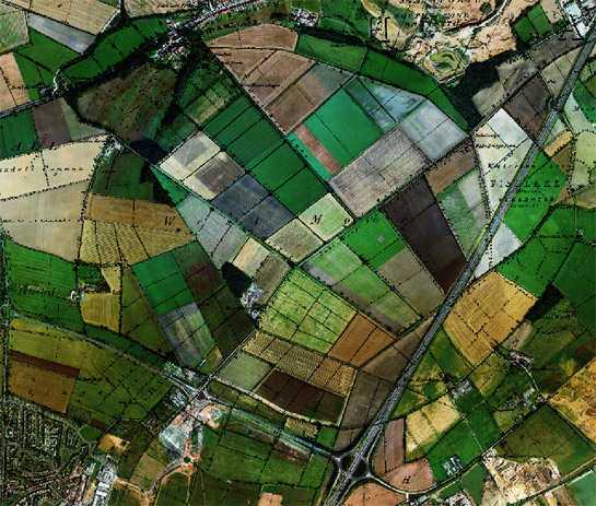 Figure 4: The circular outline of the pre-drainage ‘West Moor’ is still perceptible in boundary patterns shown on this 1999 aerial image (overlain with 1854 OS 6 inch to the mile data)