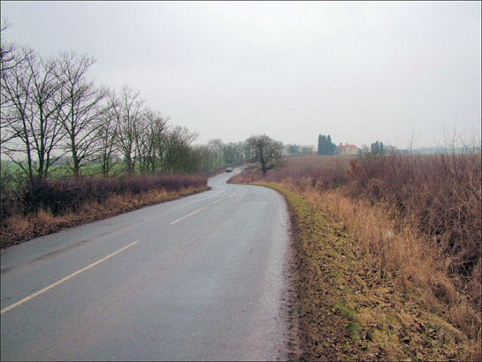 Figure 2: Church Field Road, between Clayton and Hooton Pagnell.  Despite the loss of strip enclosure field boundaries either side of this road, their former sinuous shapes have been preserved by this road’s course