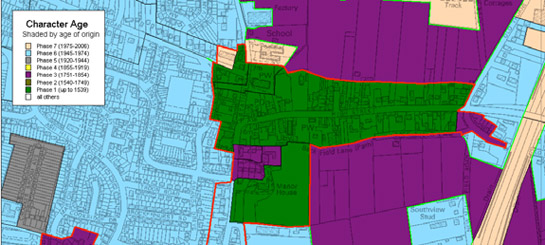 Figure 3: The historic core of Hatfield - showing a clearly planned medieval linear pattern of plots set perpendicular to a main street. Note the well-preserved large enclosure around the medieval manor house to the south west of the series.