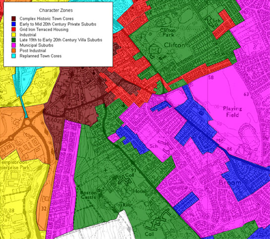 Figure 2: The villa suburb zone (green) grew close to the historic core of the town, as developed by 1850, (brown) but away from the industrial areas to its west and north (yellow). Later suburban development has since enveloped these areas (pink & blue)