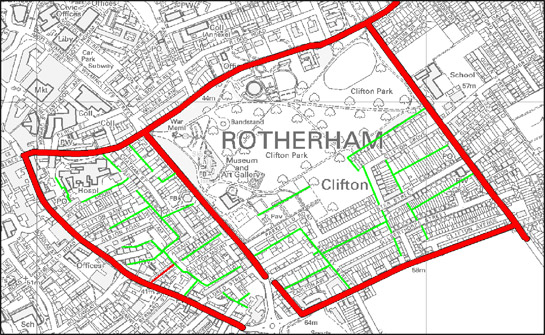 Figure 3(bottom): the modern OS plan of the same area shows how the earlier plan form influenced the pattern of the later suburb of Clifton