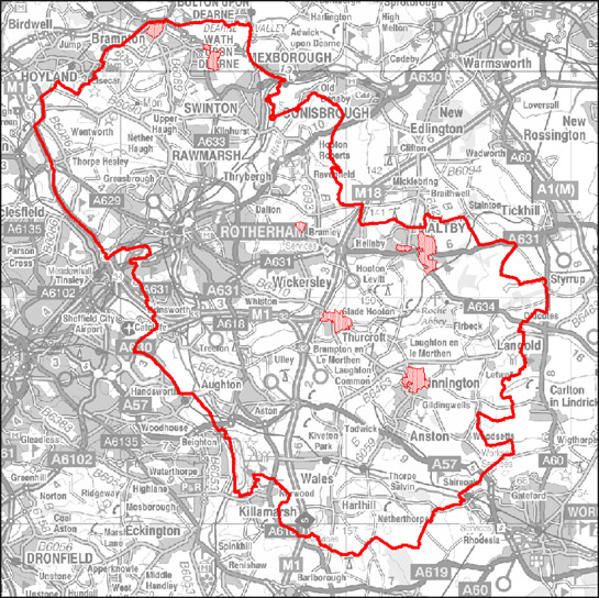 Figure 2: Location of character areas making up the ‘Planned Industrial Settlements’ zone in Rotherham.