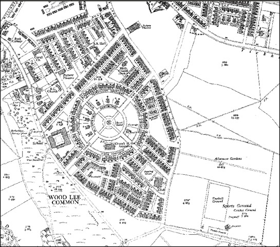 Figure 3: The plan of ‘Model Village, Maltby’, built in 1910, shows most of the characteristic features of this zone, including radial street plans, generous private and communal open spaces, miners welfare recreational facilities, churches for a variety of denominations and an area marked by larger houses for middle and senior pit management.