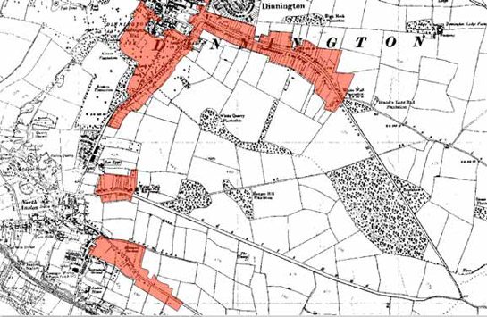 Figure 3:  The ‘Anston and Dinnington Ribbon Developments’ character area (red shading), as depicted by the OS map of 1938.