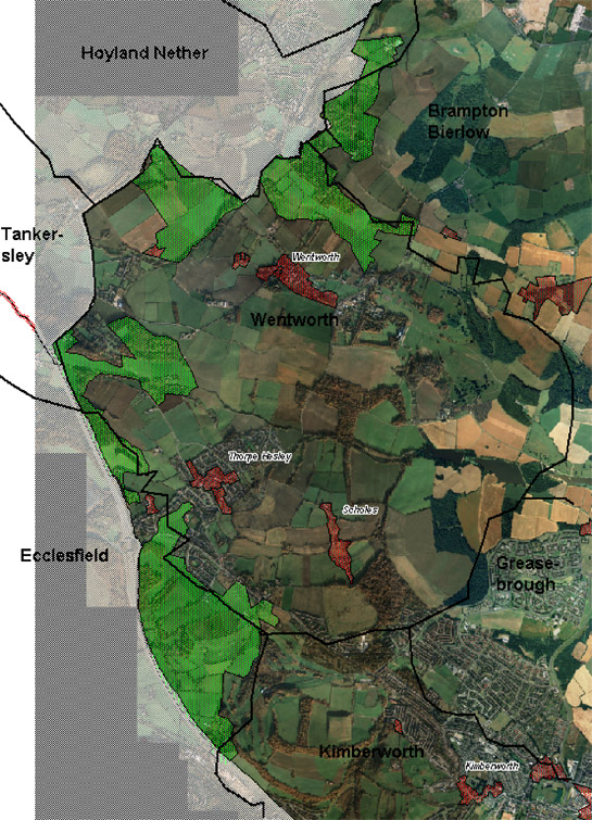 Figure 1: The ‘Assarted Enclosure Zone’ (green) typically occupies parish edge locations (black lines) at a distance from medieval nucleated settlements (red), which tend to be surrounded by former open field landscapes.
