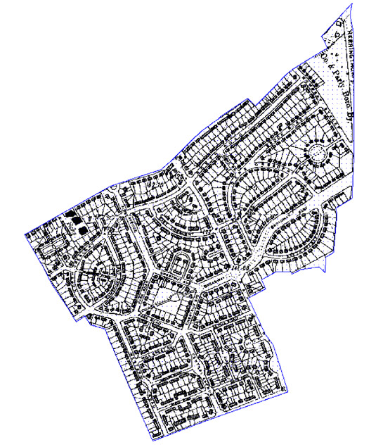 Figure 2: The ‘East Dene’ estate was the first to be built by Rotherham Council; its planning represents a direct implementation of the ‘Tudor Walters’ recommendations.  Clear ‘garden-suburb’ influences can be seen, including the medium density patter of cottages, the provision of ‘village greens’, and the concentric ‘picturesque’ curves of many of the roads