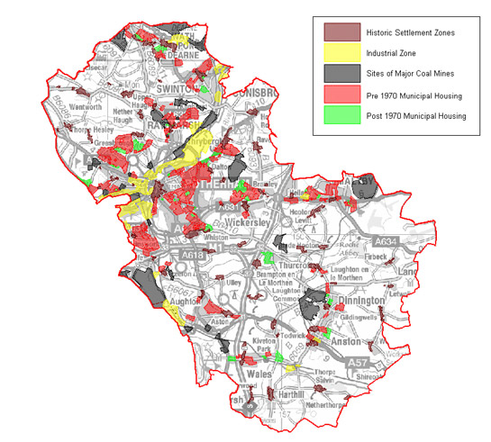 Figure 4:  Pre-1970 (red) and post-1970 (green) parts of the 'Municipal Suburbs' character zone shown in relation to related zones of activity.