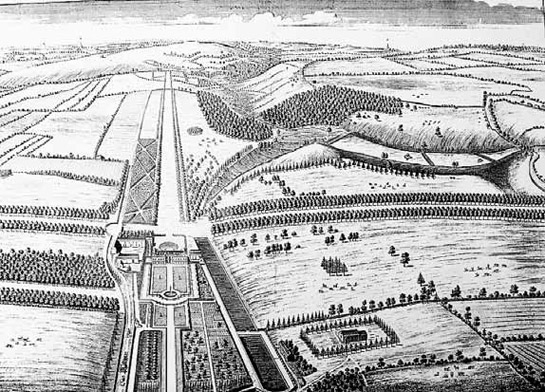 Figure 1: Ravenfield Park in the 1720s, as drawn by Thomas Badeslade for Campbells ‘Vitruvius Brittanicus’. This image shows a clear example of the formal geometric style that dominated 16th and early 17th century parkland designs