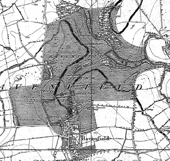 Figure 2: Ravenfield Park as depicted on the 1851 6 inch OS mapping. Since Badeslade’s depiction, the park has been relandscaped, with thinning of the formal plantations and avenues into more naturalistic clumps