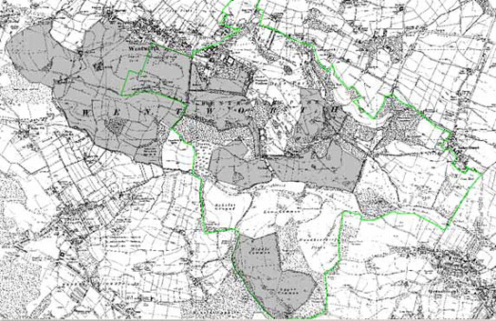 Figure 6: War time and post-war open cast mining (grey shading) in relation to Wentworth Park (green boundary) and its surrounding estate countryside.