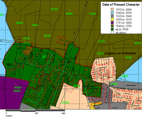 Figure 2: Laughton en le Morthen historic core (within thick red boundary) shows a clear planned medieval linear pattern of plots along a main street, preserved by piecemeal property replacement. Note the way the church and castle motte dominate the western end of the village.