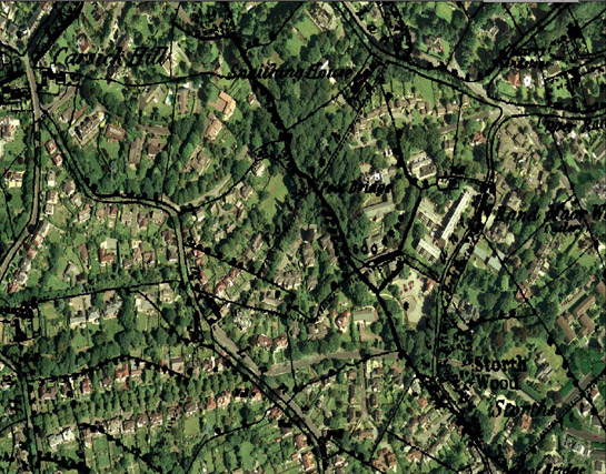 Figure 3: Overlaying 1851 1:10560 map data on modern aerial photography demonstrates a pattern typical of this zone with little legibility of earlier field boundaries despite a well preserved earlier network of lanes (detail from Ranmoor and Stumperlowe Character Group). Aerial Photography © 1999 Cities Revealed / Geoinformation Group Ltd. Mapping  and database right Crown Copyright and Landmark Information Group Ltd (All rights reserved 2008) Licence numbers 000394 and TP0024  