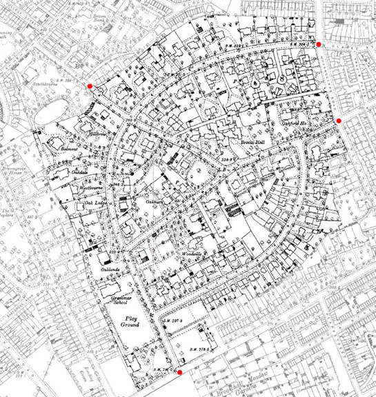 Text Box: Figure 5: The Broomhall Park Estate in 1891.  The layout of the estate was based applied ‘Picturesque’ principles to the layout of an exclusive suburb of large villas set in pseudo naturalistic surroundings despite their urban surroundings.  The exclusivity of the surroundings was enhanced by the provision of gates and lodges at its entrances (marked by red dots).  Base map  and database right Crown Copyright and Landmark Information Group Ltd (All rights reserved 2008) Licence numbers 000394 and TP0024  