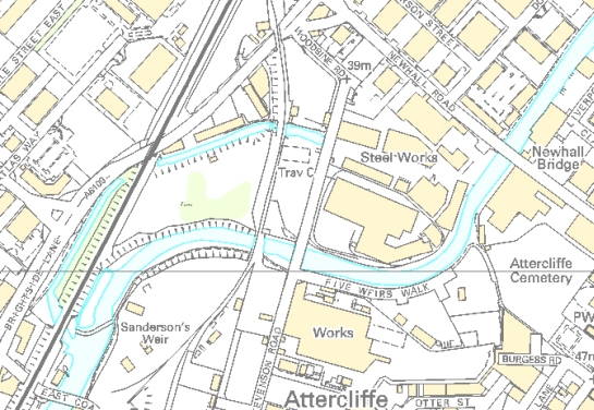Figure 2: Attercliffe Steel Works, showing the open head goit for the former water-powered wheel (to the left of Stevenson Road) and the site of the former dam – an open courtyard surrounded by buildings