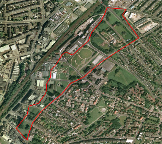 Figure 3: This corridor of land through Heeley was cleared and set aside from reconstruction in anticipation of a never built road scheme. The land was regenerated in the late 20th century by local community groups as a City Farm and public park. Cities Revealed Aerial Photography © the GeoInformation Group, 1999.