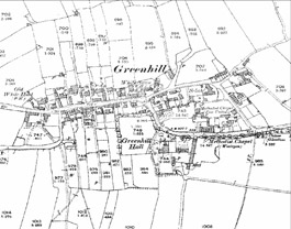 Greenhill Village in the 1890s. The village is typical of small nucleated villages in the area displaying a simple planned layout based on narrow crofts perpendicular to a main street at the heart of an open field system.